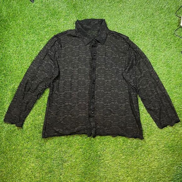 Killstar Tops - Black lace floral pattern button up oversized shirt with a gothic vibe (L/XL)